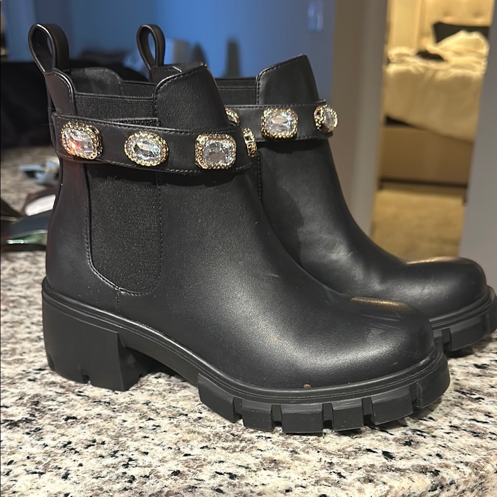 Black Ankle Boots with Gemstone Accents